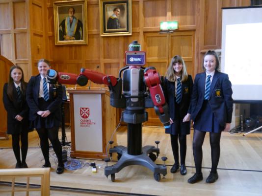 Bangor Academy with Baxter the robot after their engineering workshop. 
