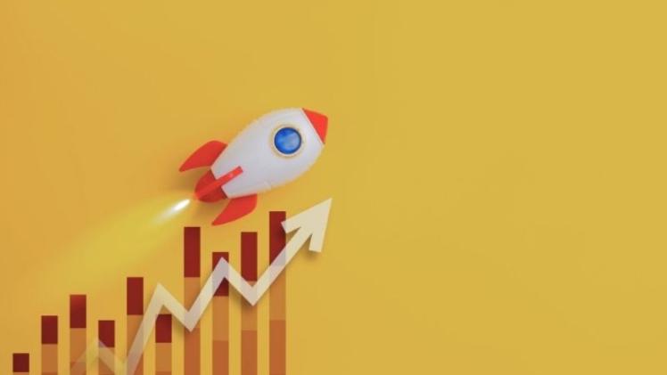 Image of a rocket going up with an upward arrow under it on a yellow background