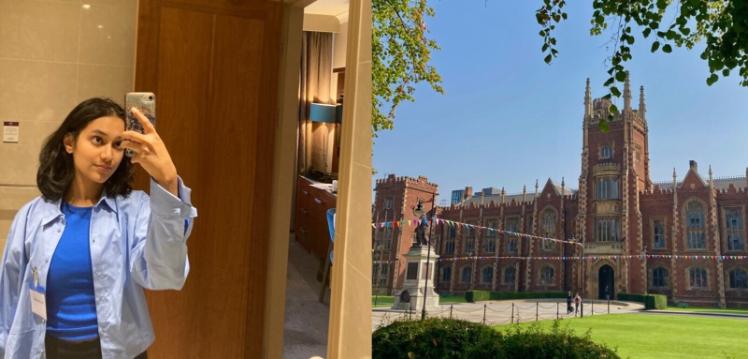 Student takes selfie with image of Lanyon next to her