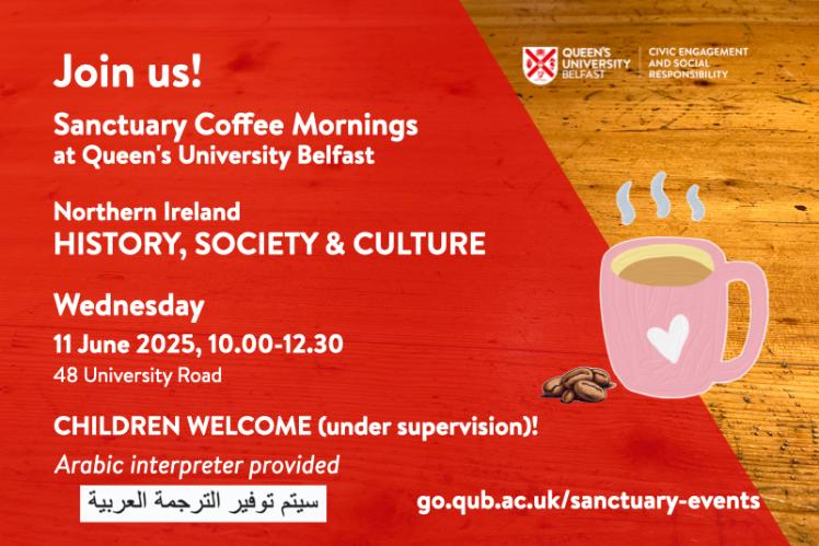 Flyer for Sanctuary Coffee Morning, with details of the event, a red background superimposed on a table with image of steaming coffee mug.