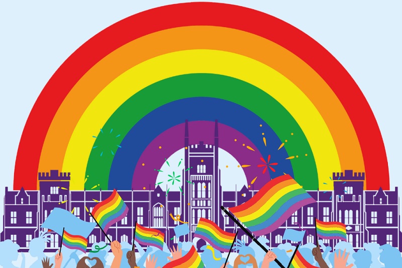 graphic promoting QUB Pride Picnic, showing the Lanyon Building with a rainbow background and a celebrating crowd at the front waving rainbow flags