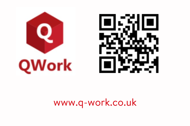 QWork logo, QR Code linking to www.q-work.co.uk, and text of www.q-work.co.uk