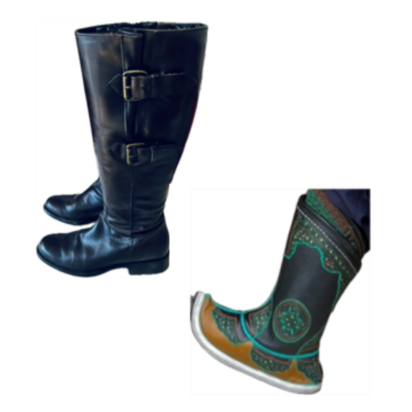 Two pairs of high boots, one in black leather with side buckles, the other with unique traditional designs