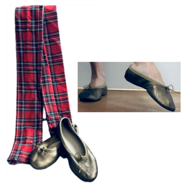 Red plaid scarf and golden ballerina style dancing shoes.