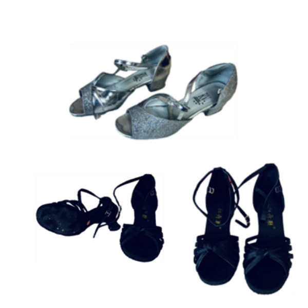 Two pairs of elegant dancing shoes (sandals), one silver and glittery, the other dark blue.