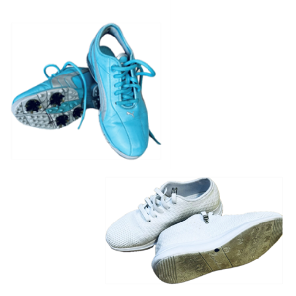 Two pairs golf shoes, one light blue the other white