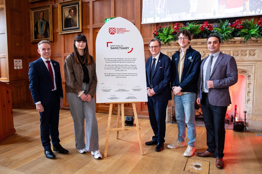 Plaque unveiling at the Civic Mission / University of Sanctuary launch event, Queen's University Belfast, May 2024