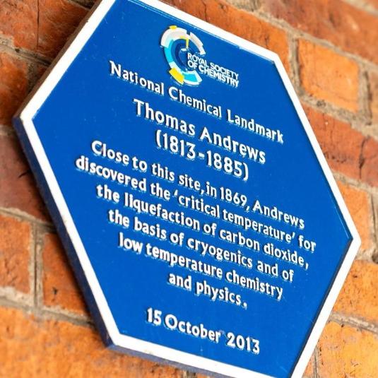 Royal Society of Chemistry National Chemistry Landmark blue plaque commemorating Thomas Andrews (1813-1885), installed on the Lanyon North Building (inner facade) on 15 October 2013